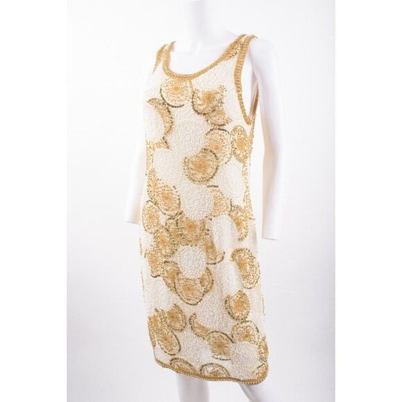 Vintage Interlude CA Womans Evening Shift Dress Size M Ivory Gold Beaded Silk - Picture 3 of 6